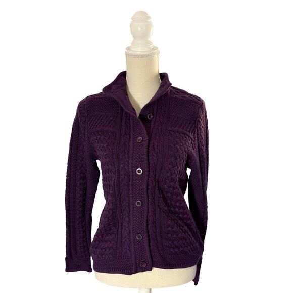 NWT L.L. Bean Cable Knit Cardigan Sweater S small Fisherman violet purple 290399 - Picture 3 of 9
